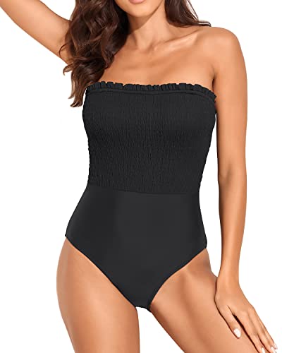 Womens Strapless One Piece Swimsuit Tummy Control Bandeau Bathing Suits-Black