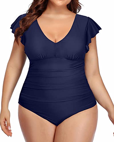 V-Neck Ruffle Bathing Suits Plus Size Tummy Control Swimsuits-Navy Blue