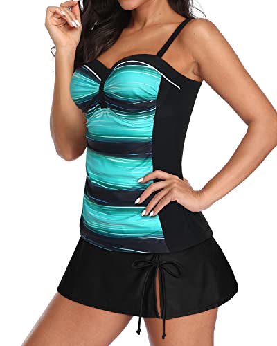 Two Piece Bathing Suits Skirt And Elastic Mid Waist Slit Pull Tie For Women-Green Stripe