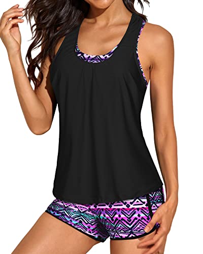 Women's 3-Piece Athletic Tankini Loose Tank Top And Padded Sports Bra-Black And Tribal Purple