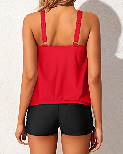 Modest Loose Fit Blouson Tankini Swimsuits For Women Tops Boyshorts-Neon Red