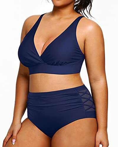 2 Piece Plus Size Bikini High Waisted Swimsuits Tummy Control-Navy Blue
