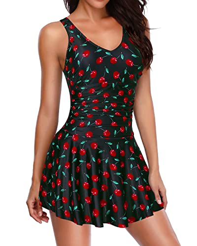 Vintage Bathing Suits Skirt Swim Dresses For Women One Piece-Black Cherry