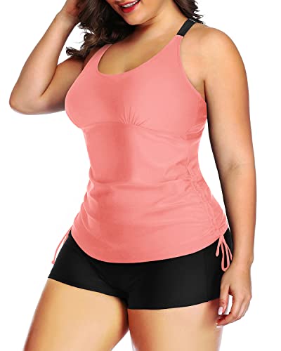 Bathing Suit Top Shorts Athletic 2 Piece Plus Size Tankini Swimsuit-Coral Pink