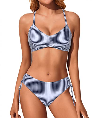 Strappy Two Piece Bikini Set Side Tie Bathing Suits Racerback Swimwear-Blue White Stripe