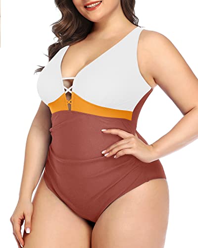 Push Up Padded Bra Plus Size Swimsuit High Waisted Line For Women-Whtie Yellow Brown