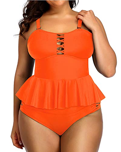 Lace Up Built In Padded Bra Plus Size Bathing Suits For Women-Neon Orange
