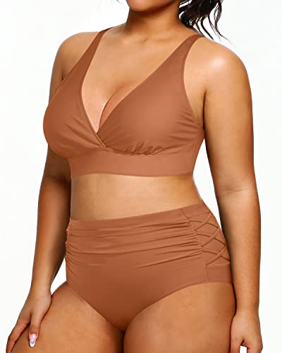 Women's Plus Size High Waisted Two Piece Bikini Bathing Suits Tummy Control-Brown