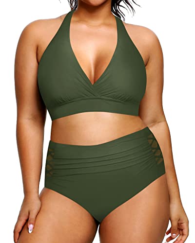 Plus Size Tummy Control Women's Two Piece Halter Bikini Swimsuit-Army Green