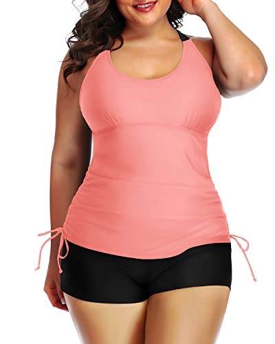 Bathing Suit Top Shorts Athletic 2 Piece Plus Size Tankini Swimsuit-Coral Pink