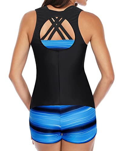 Trendy Athletic Tankini 3 Piece Swimsuits For Women-Black And Blue Stripe