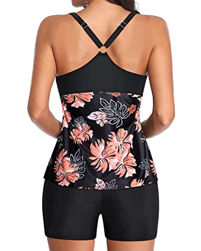 Athletic Racerback Tankini Swimsuits Boyshorts For Women-Black Orange Floral