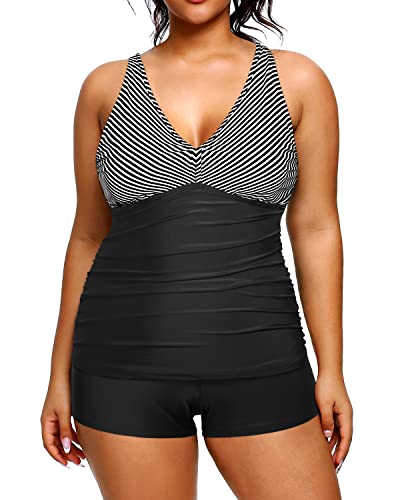 Ruched Plus Size Athletic Tankini Two Piece Swimsuits Shorts-Black And White Stripe