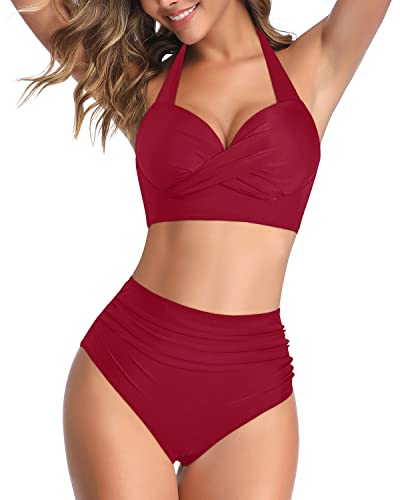 Women's Push Up Molded Cups Halter Neck Bikini Swimsuits-Red