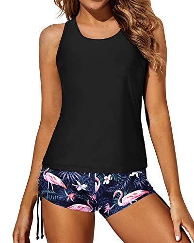 Athletic Women's Criss Cross Straps Tankini Swimsuits-Black Flamingo