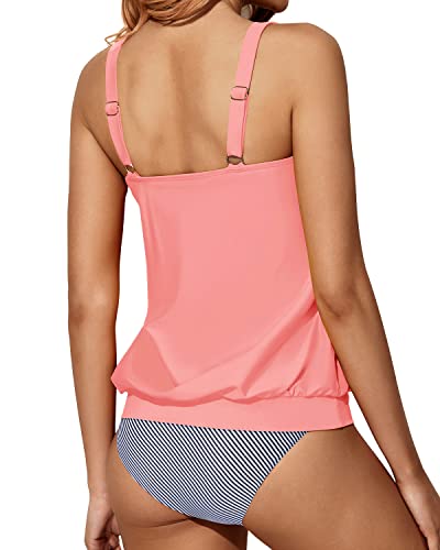 Flattering And Cute Two Piece Bathing Suits For Women-Coral Pink Stripe
