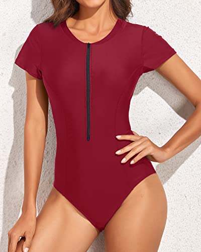 Women's Short Sleeve Uv Protection Black Zipper Swimsuit-Red