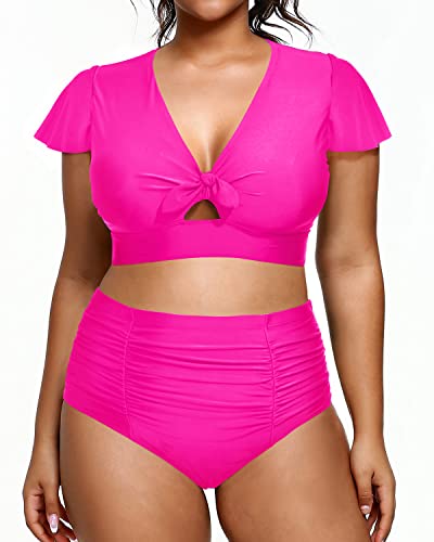 Plus Size Womens Two Piece Swimsuits Tummy Control Short Sleeve Swimwear-Neon Pink