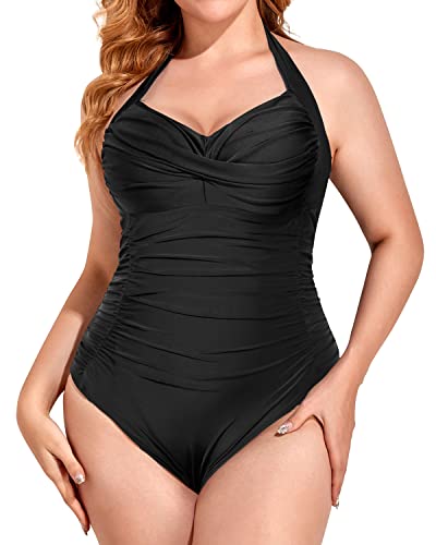 One Piece Tummy Control Swimsuit For Plus Size Women Halter Top-Black