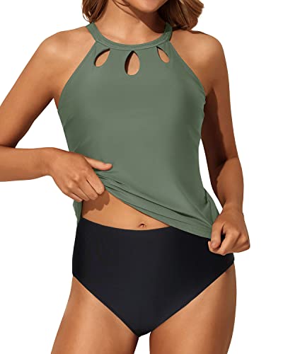 Two Piece Tummy Control High Neck Tankini Swimsuits For Women-Olive Green