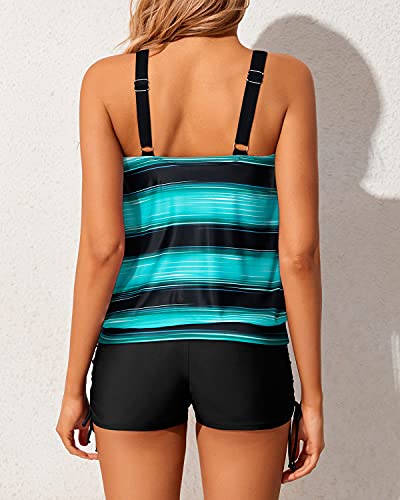 Loose Fit Blouson Tankini Swimwear For Women Adjustable Straps-Green Stripe