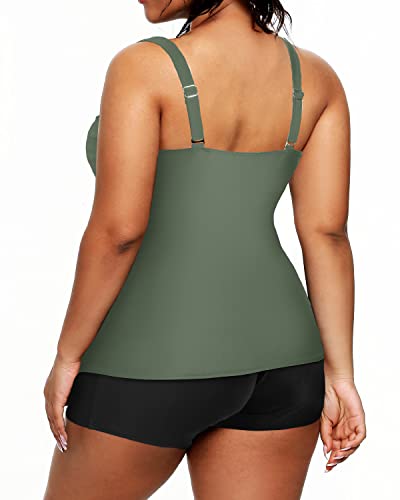 Athletic Plus Size Tankini Boy Shorts Removable Padded Bra Bathing Suits-Olive Green