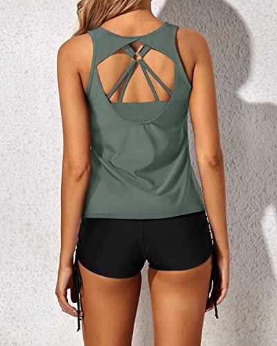 3 Piece Tankini Swimsuits For Women Backless Swim Top Boyshorts And Bra-Army Green And Black