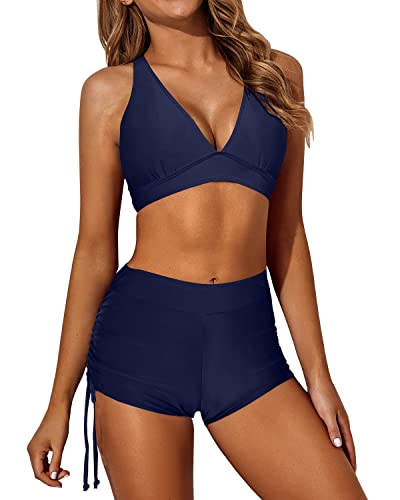 Backless Tankini 3 Piece Swimsuits For Women-Blue Leaf