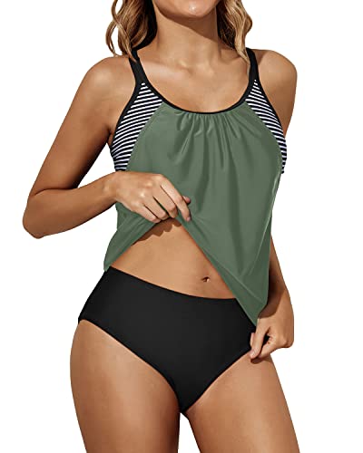 Blouson Swim Top & Bottom Double Up Tankini Swimsuits For Women-Army Green
