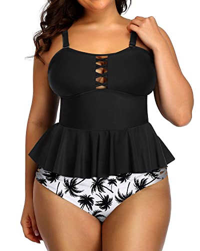 Plus Size Retro Ruffle Tankini Tops And Lace Strappy Sides Bikini Bottoms-Black Palm Tree