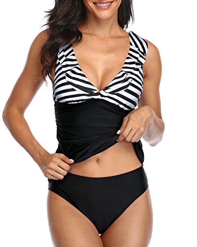 Falbala Ruffle Flounce Tankini Ruched Swimwear For Women-Black And White Stripe