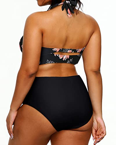 Women's Full Coverage Two Piece Plus Size Bikini Swimsuit-Black Orange Floral