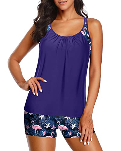 Women's Athletic Two Piece Swimsuit Casual Tankini Set-Blue Floral