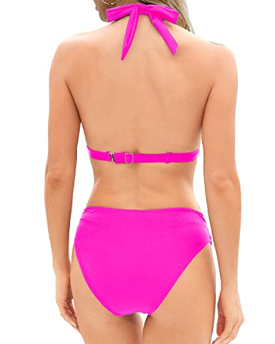 Two Piece Push Up Bikini Set Halter Swimsuit Vintage Swimwear-Neon Pink