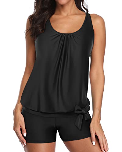 Blouson Tankini Top Shorts Tummy Control Tankini Swimsuit For Women-Black