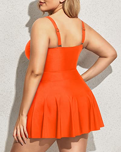 Plus Size One Piece Swimsuit Skirt V Neck Swim Dress Cutout-Neon Orange