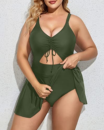 V Neck Cutout Swimdress Plus Size One Piece Swimsuit-Army Green