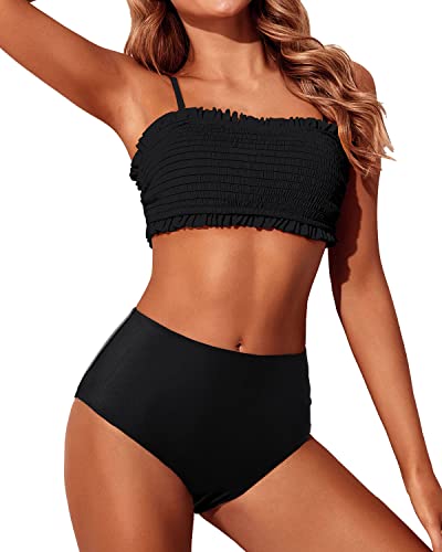 Strapless Women's Bandeau Bikini Set Two Piece Smocked Swimsuit-Black
