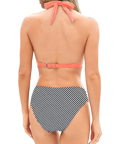 Two Piece Halter Bikini Set Push Up Swimsuit Vintage Swimwear-Coral Pink Stripe