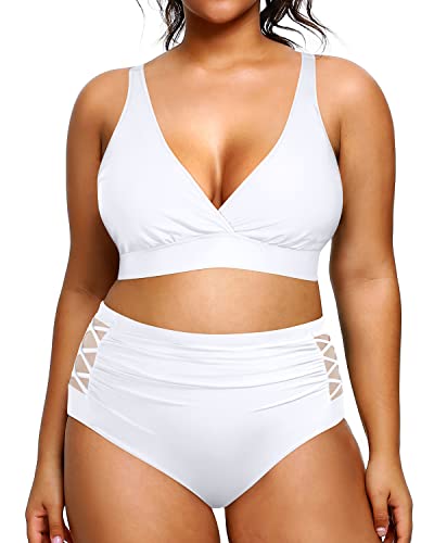 Slimming Two Piece Bikini Swimsuit High Waisted Bikini Swimsuits For Women-White