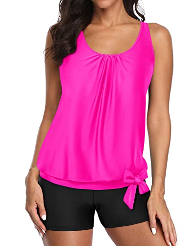 Slimming Tummy Control Tankini Bathing Suit For Women-Neon Pink And Black