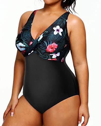 Push-Up Bra Adjustable Wide Straps Plus Size Swimsuit For Women-Black Floral