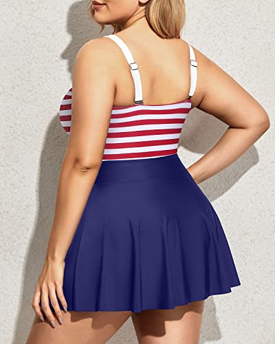 Women Plus Size One Piece Swimsuit Skirt V Neck Swimdress-Flag
