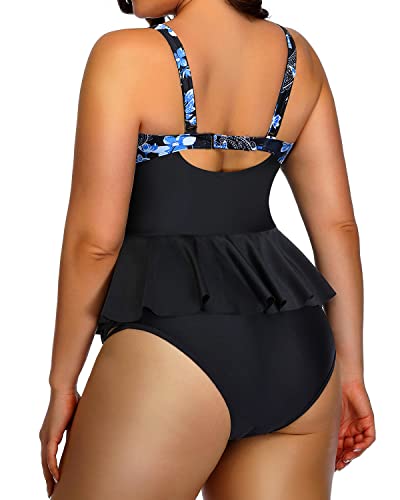 Peplum Tankini Tops Ruched Tummy Control For Women Plus Size Bathing Suits-Blue Paisley