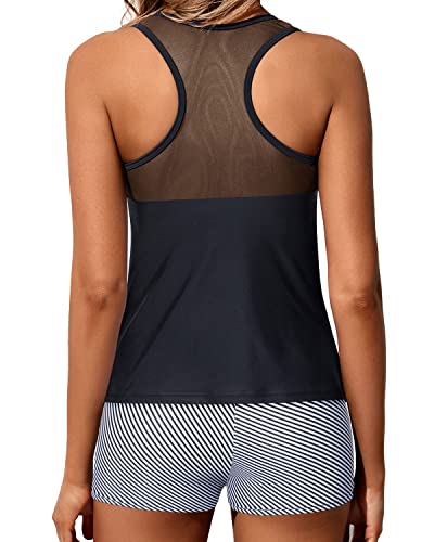 Modest Two Piece Tankini Boyleg Swim Shorts For Women-Black Stripe