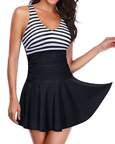 Modest Control Swimdress Flowy Long Swimsuit Skirt-Black And White Stripe