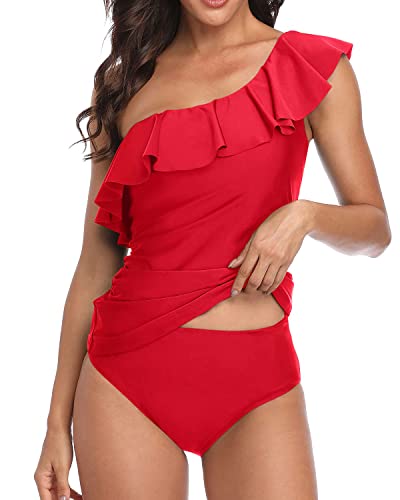 Tummy Control Ruffle Tankini One Shoulder Swimsuits For Women-Red
