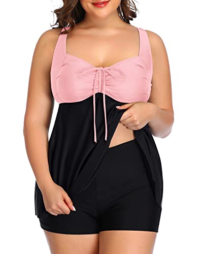 Women's Plus Size Bowknot Tankini Swimsuits Push Up Padded Bra-Pink And Black