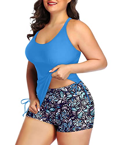Plus Size Strappy Tankini Top Boyleg Shorts Two Piece Ruched Swimsuit-Light Blue