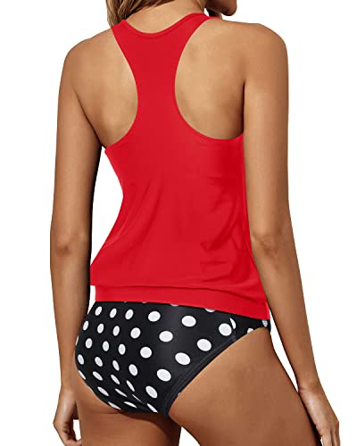 Tummy Control Tankini Bathing Suits Racerback Tank Tops Blouson Swimwear-Red Dot